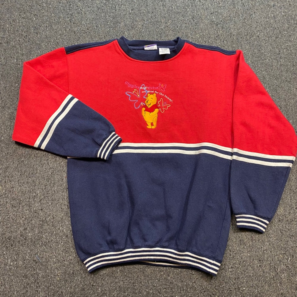 Pooh Sweatshirt Sz L Mens Red Navy Blue Vintage 90s Skater Embroidered Giggles